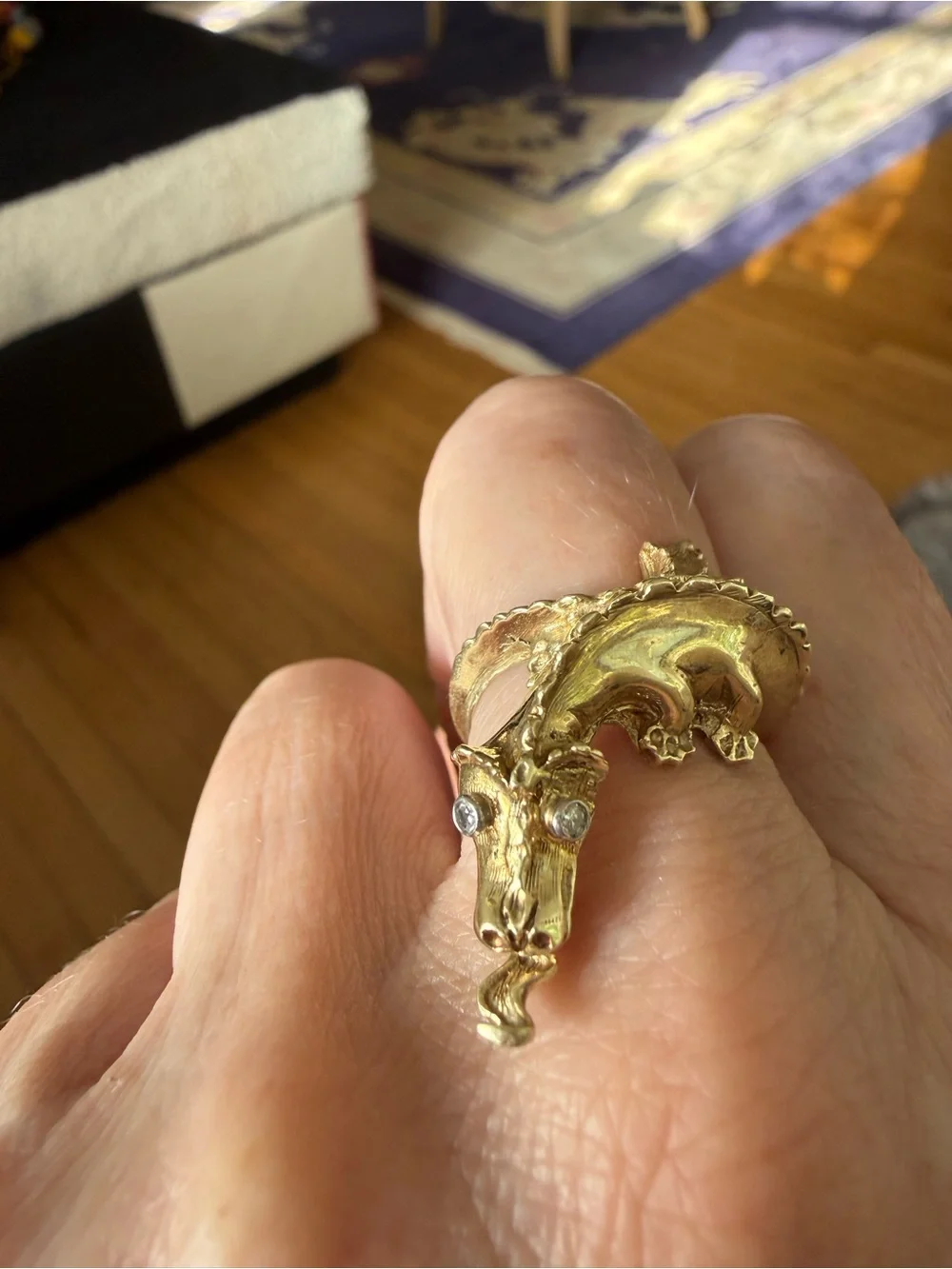Vintage 14K Gold Dragon Wrap Ring with Diamond Eyes